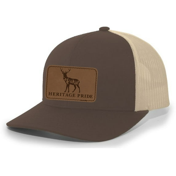 Heritage Pride Scenic Deer Engraved Leather Patch Mens Trucker Hat Baseball Cap, Brown/Khaki