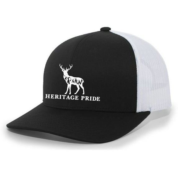 Heritage Pride Scenic Deer Mens Embroidered Mesh Back Trucker Hat Baseball Cap, Black/White