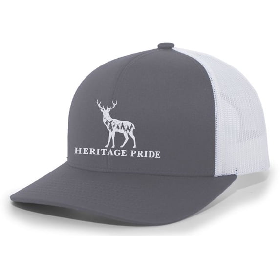 Heritage Pride Scenic Deer Mens Embroidered Mesh Back Trucker Hat Baseball Cap, Charcoal/White