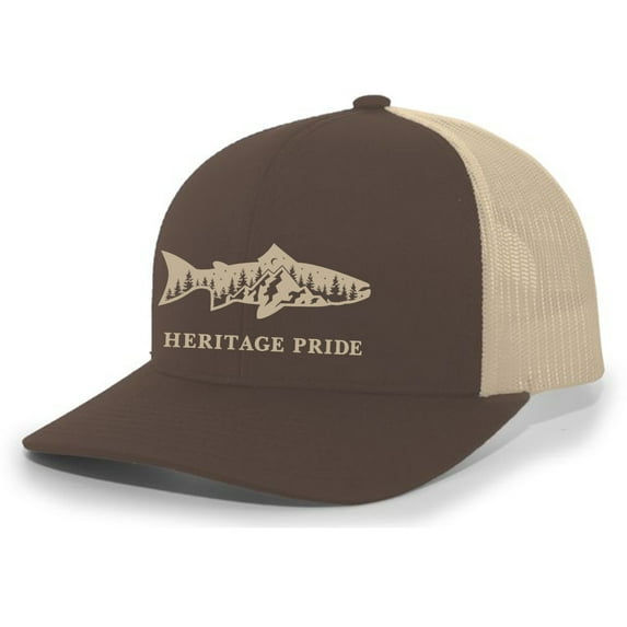 Heritage Pride Scenic Trout Mens Embroidered Mesh Back Trucker Hat Baseball Cap, Brown/Khaki