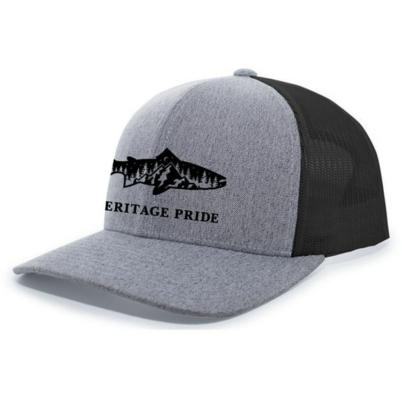 Heritage Pride Scenic Trout Mens Embroidered Mesh Back Trucker Hat Baseball Cap, Heather Grey/Black