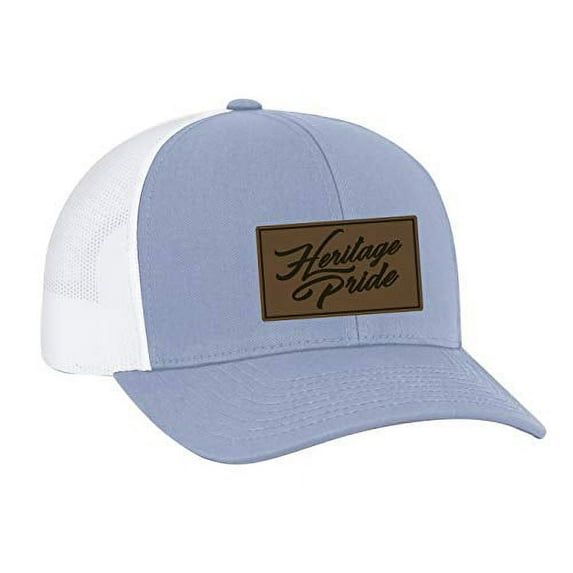 Heritage Pride Script Leather Patch Trucker Snapback Hat-Columbia Blue-White Mesh