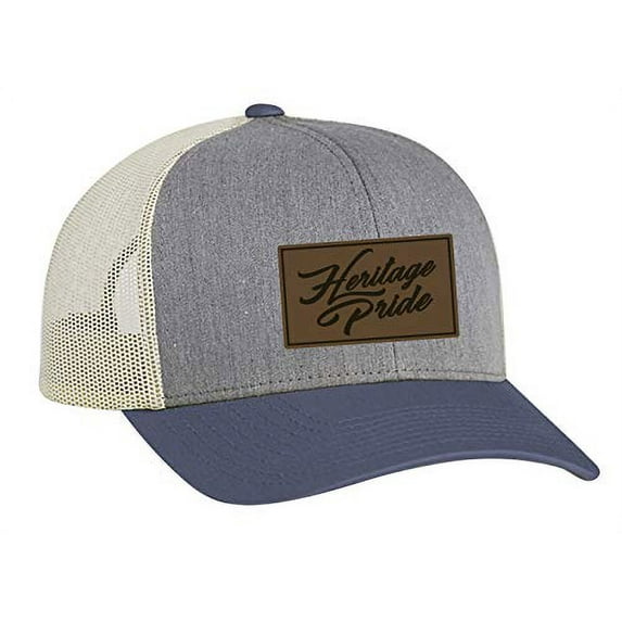 Heritage Pride Script Leather Patch Trucker Snapback Hat-Heather Gray/Ocean Blue-Beige Mesh