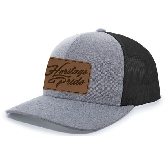Heritage Pride Script Logo Laser Engraved Leather Mens Trucker Hat Baseball Cap, Heather Grey/Black