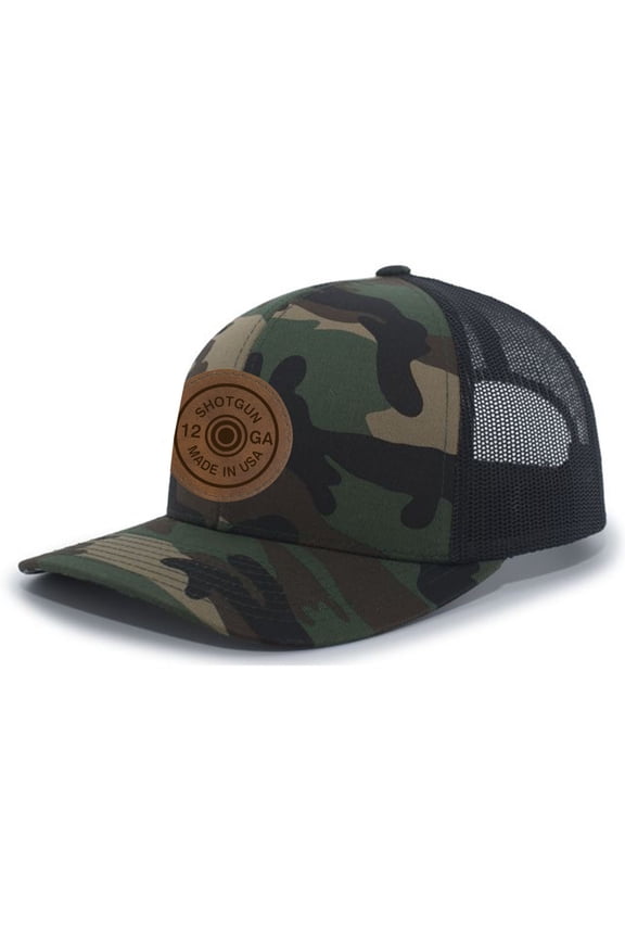 Heritage Pride Shotgun Shell Laser Engraved Leather Patch Mesh Back Trucker Hat, Army/Black