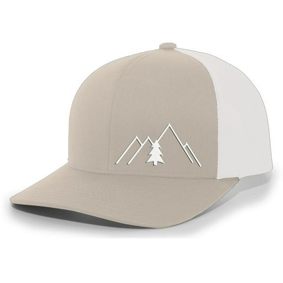 Heritage Pride Simple Scenic Mountain Pine Tree Mens Embroidered Mesh Back Trucker Hat Baseball Cap, Khaki/White