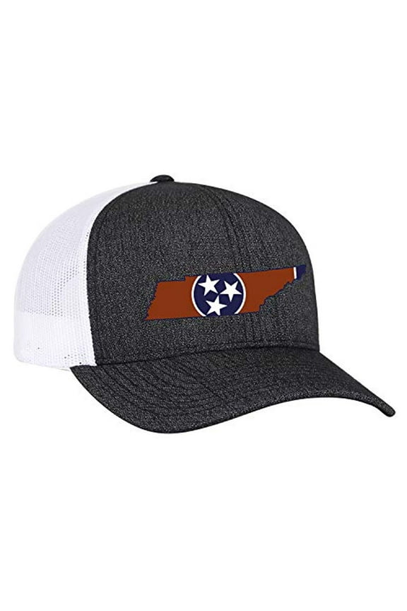 Tennessee State Flag Embroidered Trucker Mesh Snapback Hat-Black Heather-White Mesh