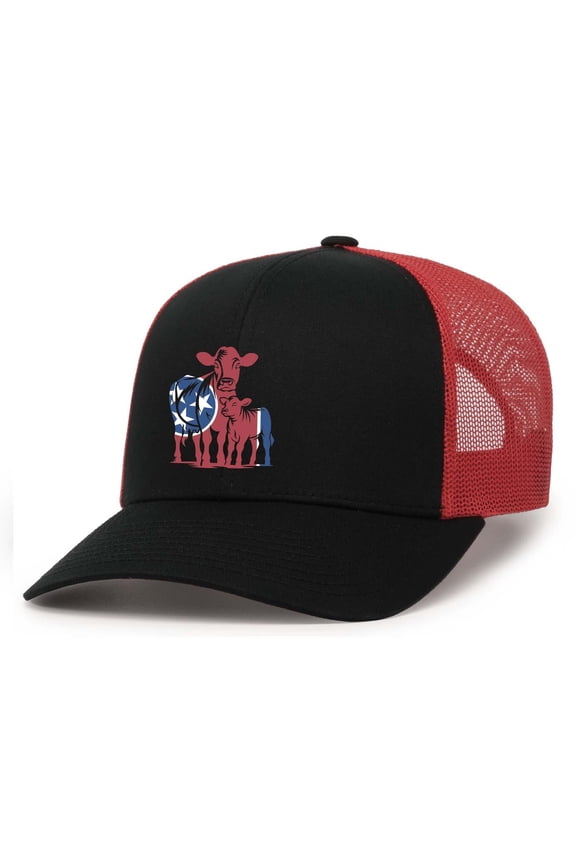Heritage Pride Tennessee Tri-Star Flag Centered Cow And Calf Embroidered Mesh Back Trucker Hat-Black/Red