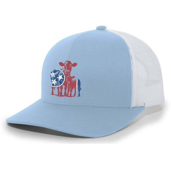 Heritage Pride Tennessee Tri-Star Flag Centered Cow And Calf Embroidered Mesh Back Trucker Hat-Columbia Blue/White