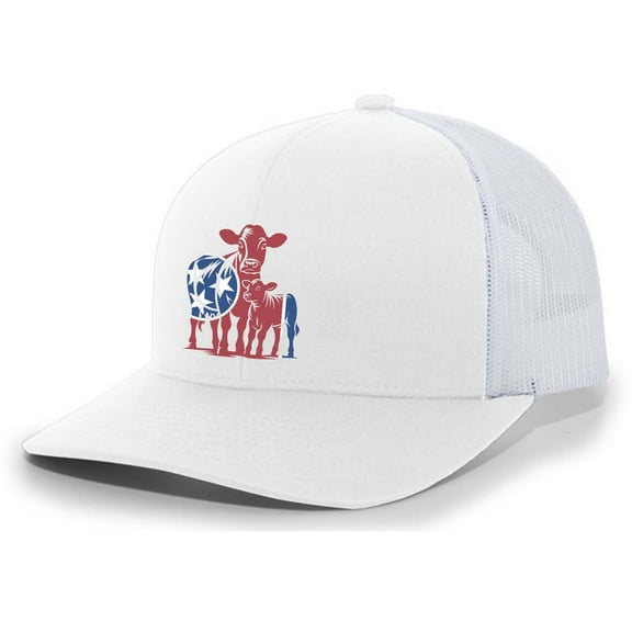 Heritage Pride Tennessee Tri-Star Flag Centered Cow And Calf Embroidered Mesh Back Trucker Hat-White/White