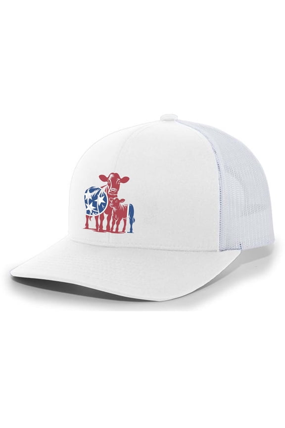 Heritage Pride Tennessee Tri-Star Flag Centered Cow And Calf Embroidered Mesh Back Trucker Hat-White/White