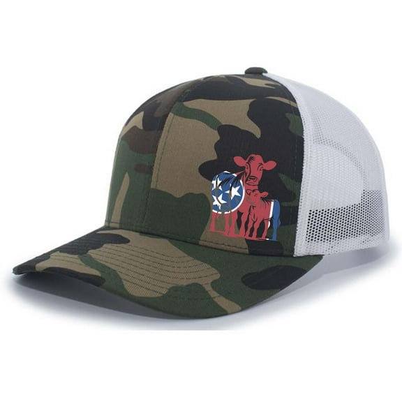 Heritage Pride Tennessee Tri-Star Flag Cow And Calf Embroidered Mesh Back Trucker Hat-Army/White