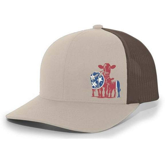 Heritage Pride Tennessee Tri-Star Flag Cow And Calf Embroidered Mesh Back Trucker Hat-Khaki/Brown