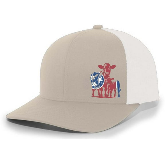 Heritage Pride Tennessee Tri-Star Flag Cow And Calf Embroidered Mesh Back Trucker Hat-Khaki/White