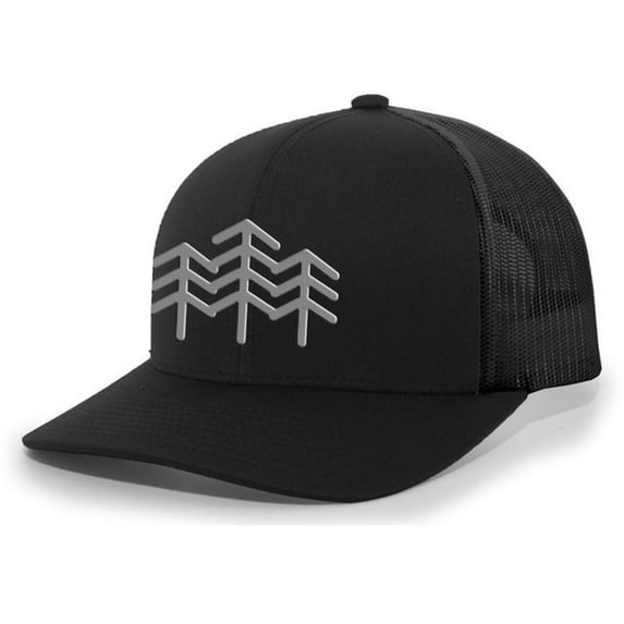 Heritage Pride Three Pines Nature Outdoors Mens Embroidered Mesh Back Trucker Hat Baseball Cap, Black/Black