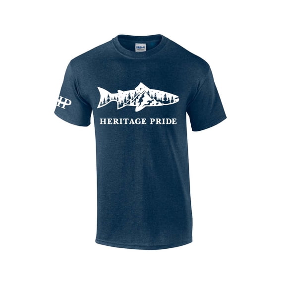 Heritage Pride Trout Fishing Scenic Collection Men's Short Sleeve T-shirt Graphic Tee-Heather Navy-4xl