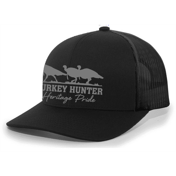Heritage Pride Turkey Hunter Featuring Three Ocellated Turkeys Mens Embroidered Mesh Back Trucker Hat, Black/Black