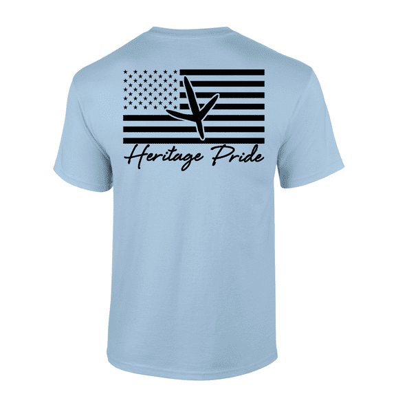 Heritage Pride Turkey Track American Flag Hunting Outdoors Short Sleeve T-shirt-Light Blue-4xl