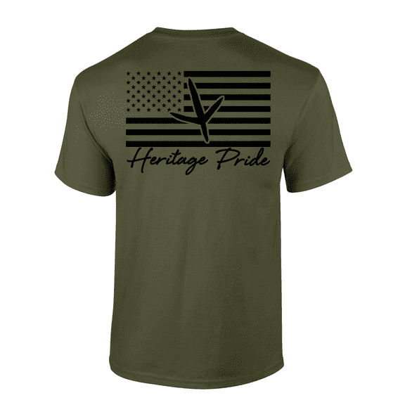 Heritage Pride Turkey Track American Flag Hunting Outdoors Short Sleeve T-shirt-Military Green-large