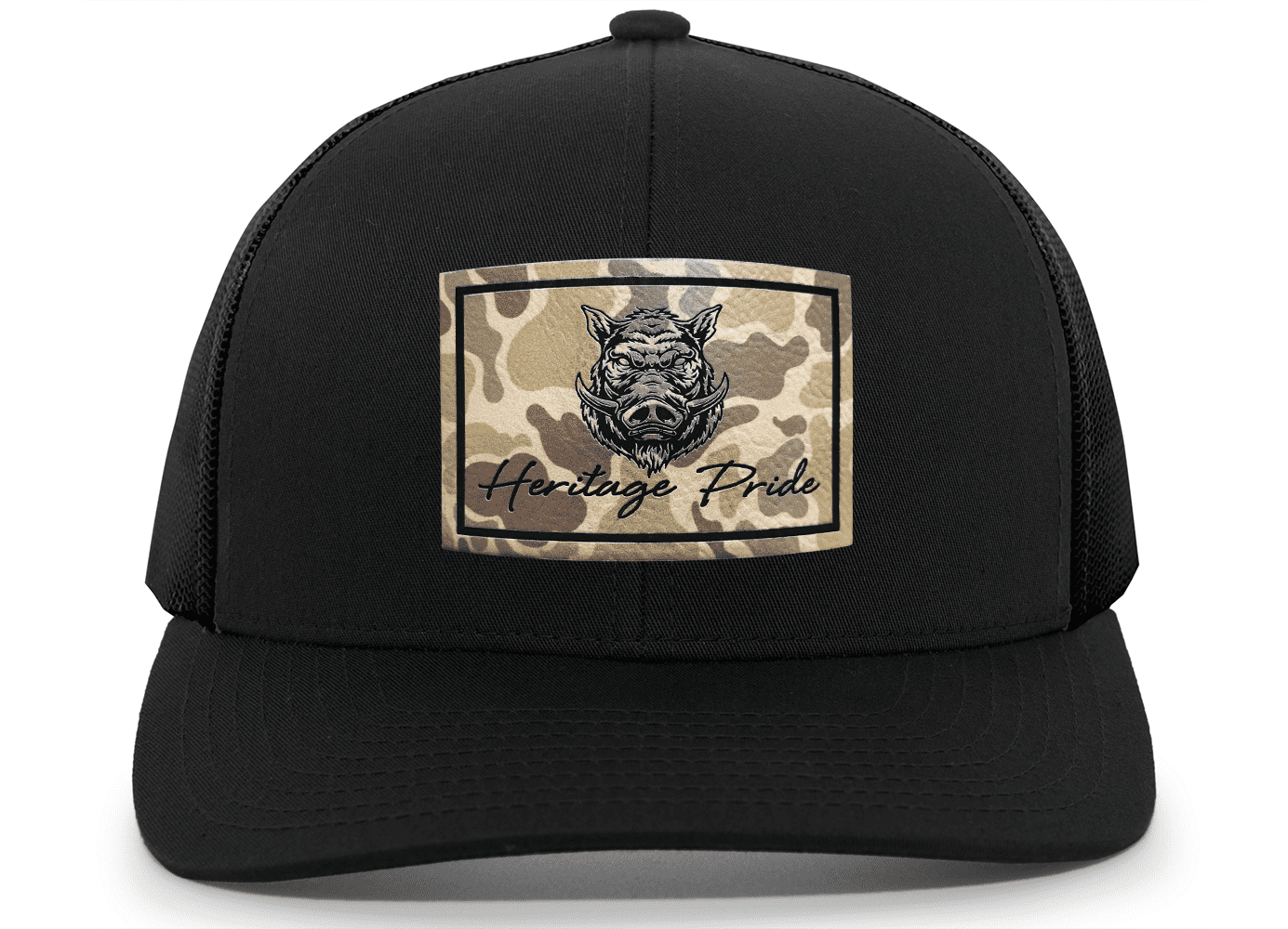 Heritage Pride Wild Boar Hog Pig Hunting Outdoors Engraved Camo Leather Patch Mesh Back Trucker Hat, Black/Black