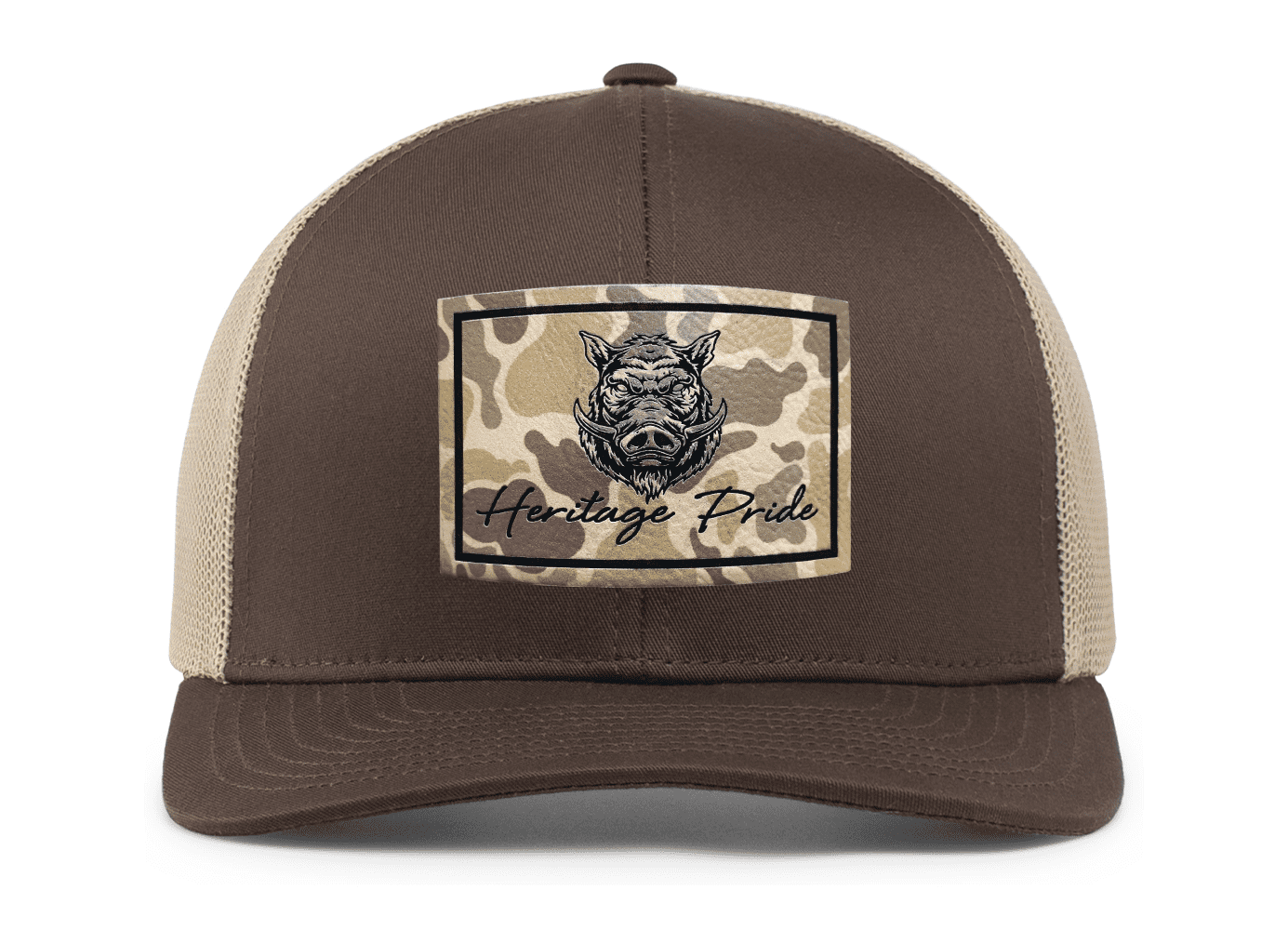 Heritage Pride Wild Boar Hog Pig Hunting Outdoors Engraved Camo Leather Patch Mesh Back Trucker Hat, Brown/Khaki