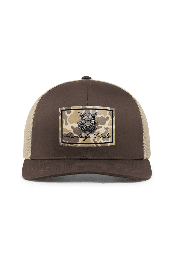 Wild Boar Hog Pig Hunting Outdoors Engraved Camo Leather Patch Mesh Back Trucker Hat, Brown/Khaki