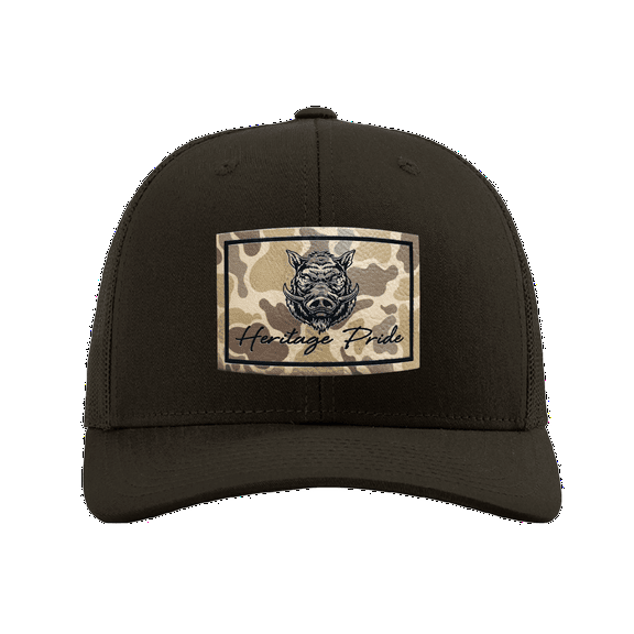 Heritage Pride Wild Boar Hog Pig Hunting Outdoors Engraved Camo Leather Patch Mesh Back Trucker Hat, Coffee