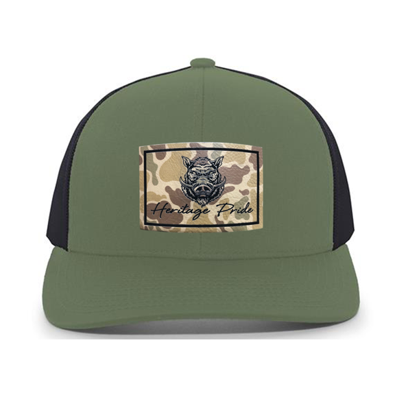 Heritage Pride Wild Boar Hog Pig Hunting Outdoors Engraved Camo Leather Patch Mesh Back Trucker Hat, Loden/Black
