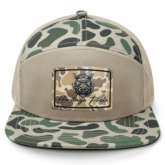 Heritage Pride Wild Boar Hog Pig Hunting Outdoors Engraved Camo Leather Patch Mesh Back Trucker Hat, Marsh/Sand