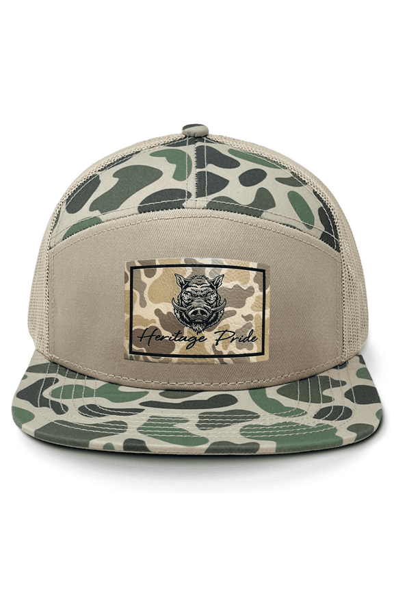 Wild Boar Hog Pig Hunting Outdoors Engraved Camo Leather Patch Mesh Back Trucker Hat, Marsh/Sand