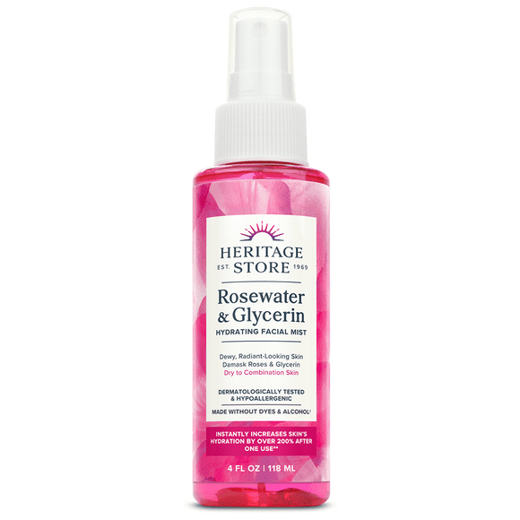 Heritage Store Rosewater & Glycerin Hydrating Facial Mist, for Dry Combination Skin Care, Rose Water Spray for Face with Vegetable Glycerine, Made Without Dyes or Alcohol, Vegan & Cruelty Free, 4oz