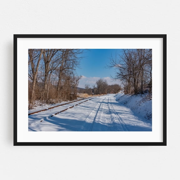 The Heritage Rail Trail in Seven Valleys PA on a January Day - Seven Valleys Pennsylvania Photography Winter Snow Railroad Landscape Scenic Train Rural Black Framed Wall Art Print 5 x 7 inches