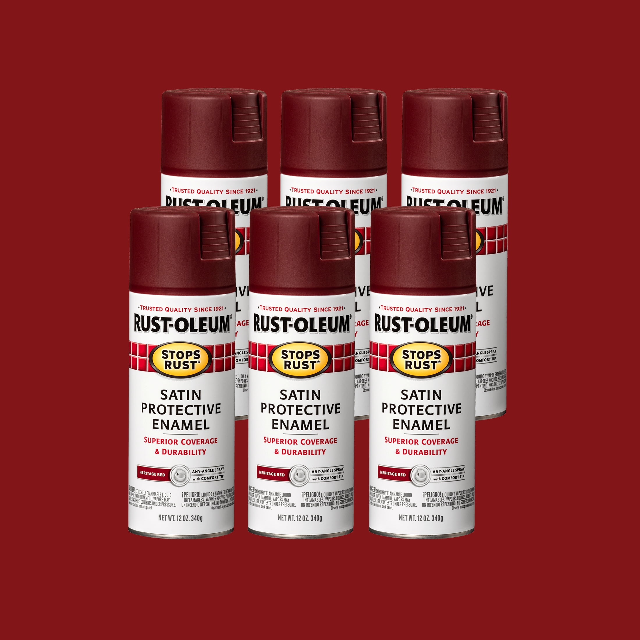 6 Pack, Heritage Red, Rust-Oleum Stops Rust Satin Protective Enamel Spray Paint-7760830, 12 oz
