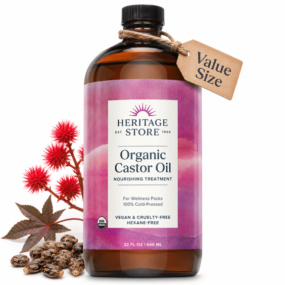 HERITAGE STORE Organic Castor Oil - Glass Bottle - Nourishing Treatment for Hair and Skin - Eyelash Serum for Eyelashes, Brows, Castor Oil Packs - Cold Pressed, Hexane Free, Vegan (32 Fl Oz)