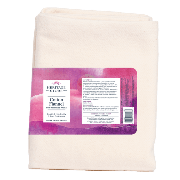 Heritage Store Cotton Flannel for Castor Oil Pack, Reusable & Highly Absorbent, Creates a Soothing Heat Compress for Abdomen, Joints & Other Areas, 60-Day Money Back Guarantee, Vegan, 13 x 15 in