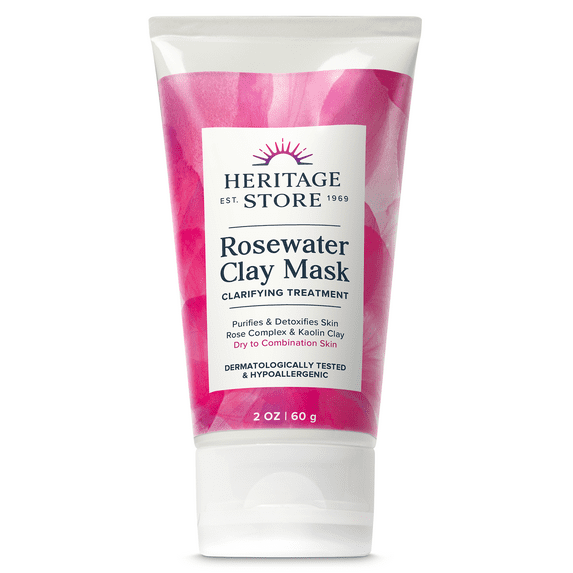 Heritage Store Rosewater Clay Mask, Clarifying Treatment for Dry Combination Skin, Purifying Face Mask Deep Cleanses, Detoxifies & Balances with Kaolin Clay & Organic Aloe, Vegan & Cruelty Free, 2oz