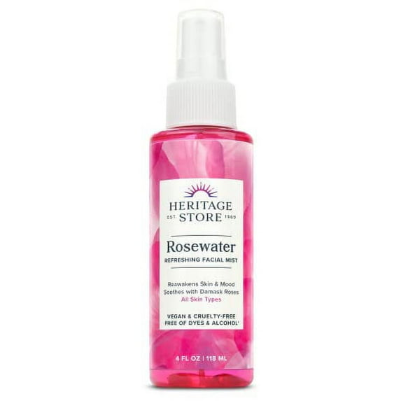 Heritage Store Rosewater, Refreshing Facial Mist for Glowing Skin, with Damask Rose Oil, All Skin Types, Rose Water Spray for Face Made Without Dyes or Alcohol, Vegan & Cruelty Free, 4oz