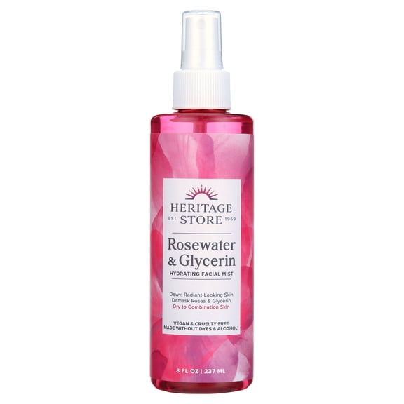 Heritage Store Rosewater & Glycerin Hydrating Facial Mist, for Dry Combination Skin Care, Rose Water Spray for Face with Vegetable Glycerine, Made Without Dyes or Alcohol, Vegan & Cruelty Free, 8oz