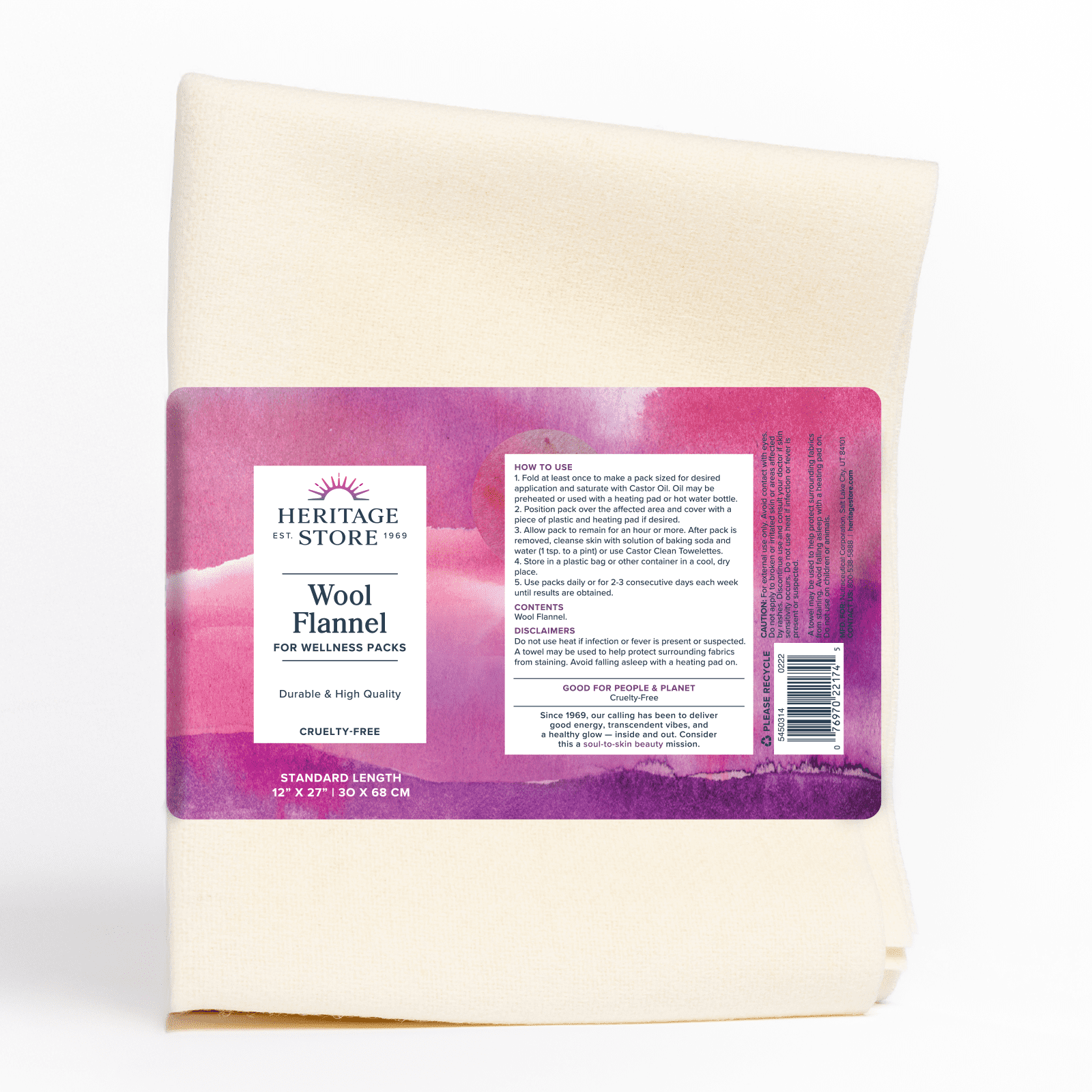 Heritage Store Wool Flannel for Castor Oil Pack, Reusable & Highly Absorbent, Creates a Soothing Heat Compress for Abdomen, Joints & Other Areas, 60-Day Money Back Guarantee, Cruelty Free, 12 x 27 in