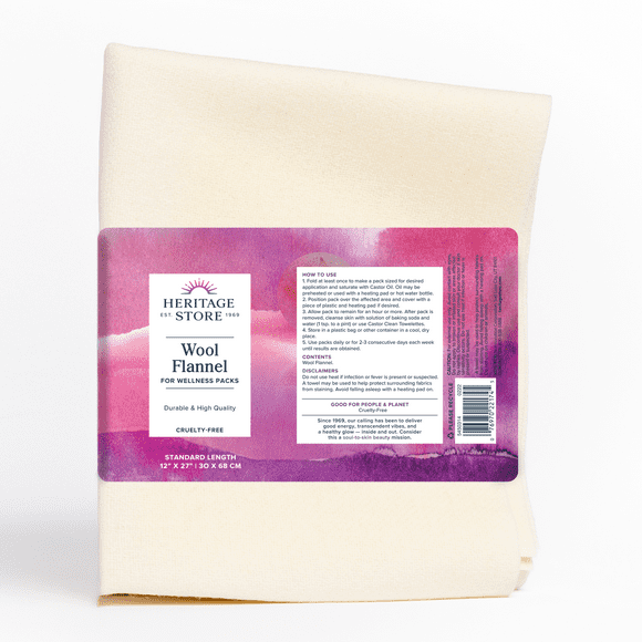 Heritage Store Wool Flannel for Castor Oil Pack, Reusable & Highly Absorbent, Creates a Soothing Heat Compress for Abdomen, Joints & Other Areas, 60-Day Money Back Guarantee, Cruelty Free, 12 x 27 in