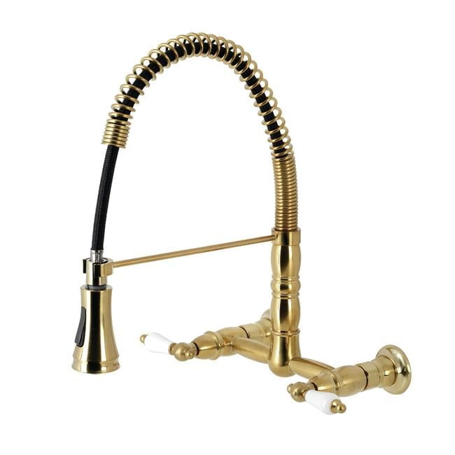 Brushed Brass Double-Handle Wall-Mount Kitchen Faucet with Pull-Down Sprayer
