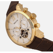 FIRE & FLAVOR Heritor Automatic Arthur Semi-Skeleton Leather-Band Watch W/ Day/Date - Gold/Silver