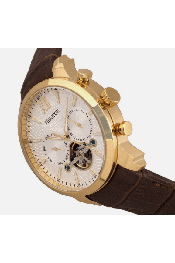 Heritor Automatic Arthur Semi-Skeleton Leather-Band Watch W/ Day/Date - Gold/Silver