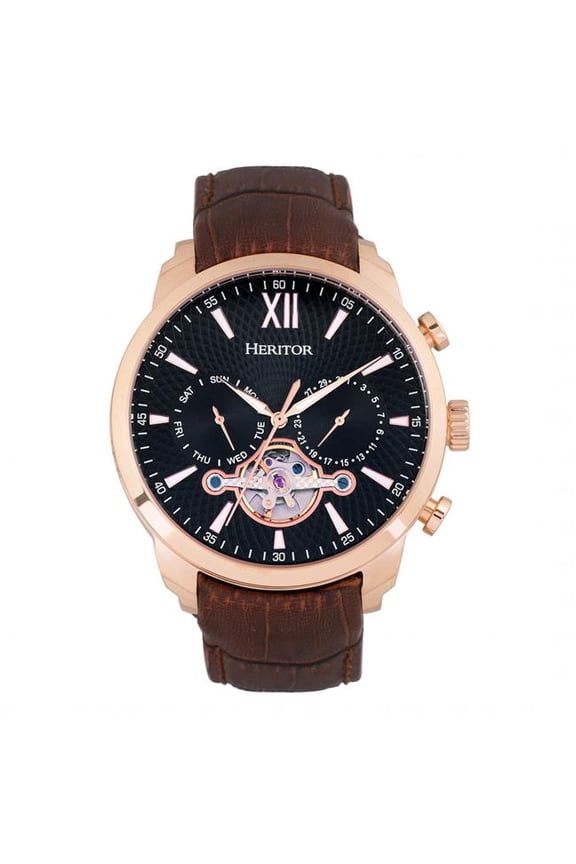 Automatic Arthur Semi-Skeleton Leather-Band Watch W/ Day/Date - Rose Gold/Black