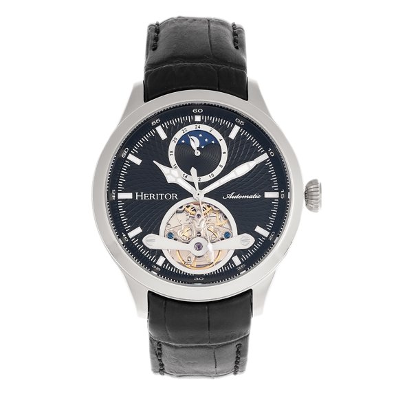 Heritor Automatic Gregory Semi-Skeleton Leather-Band Watch - Black