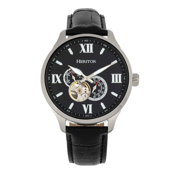 Heritor Automatic Harding Semi-Skeleton Leather-Band Watch - Silver/Black