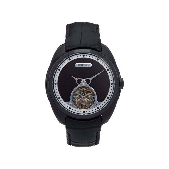 Heritor Automatic Roman Semi-Skeleton Leather-Band Watch - Black