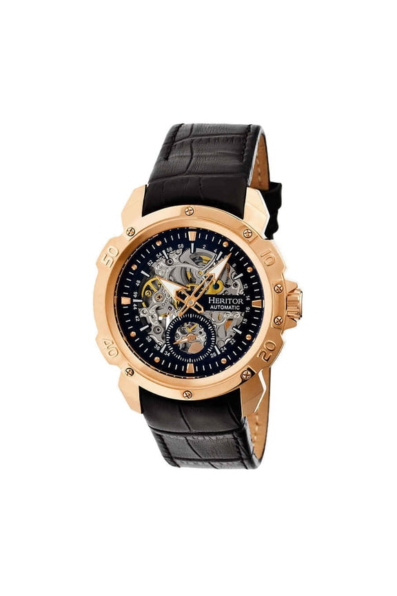 Carter Rose Gold-tone Stainless Steel Case Black Skeleton Dial Black Leather Men's Watch HR2506