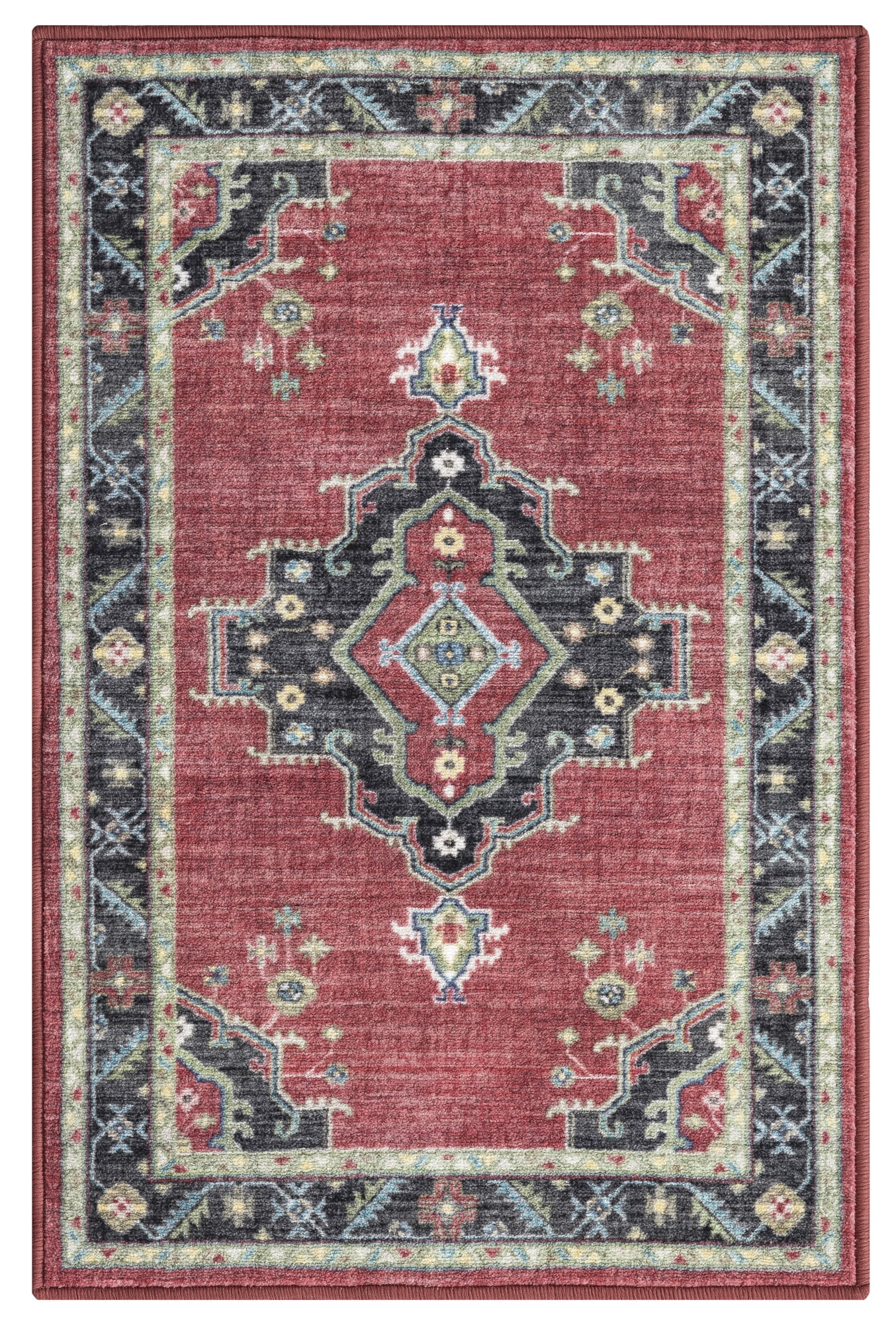 Red Medallion Polyester Rectangular Washable Area Rug 2' x 3'
