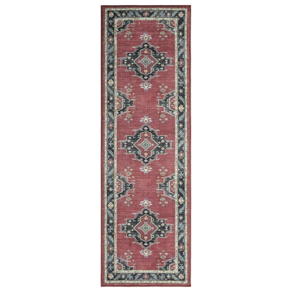 Heriz Medallion Red 3 ft. x 9 ft. Machine Washable Traditional Indoor Area Rug